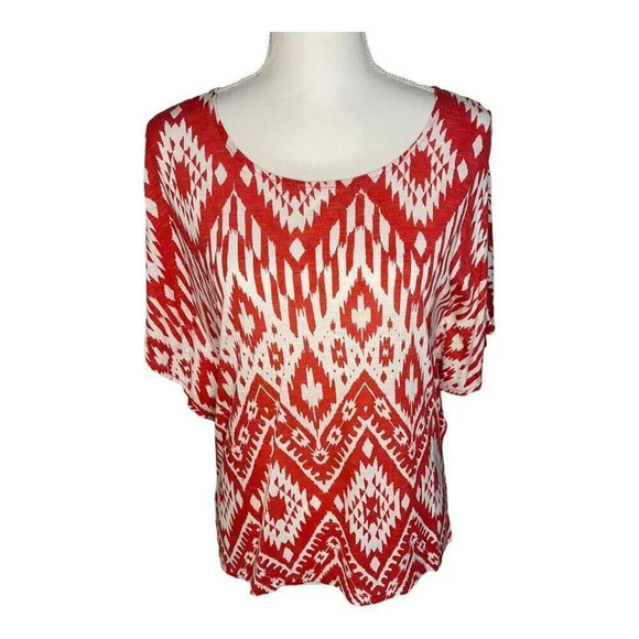 Chico’s Women’s Medium (Size 1) Reddish Orange &‎ White Butterfly Sleeve Top - Picture 1 of 4